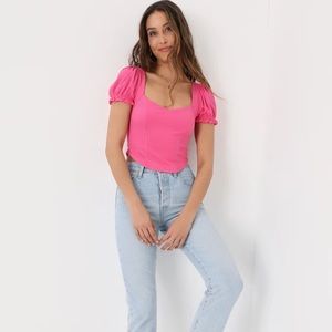Lulus Never Ending Cuteness Hot Pink Ribbed Puff Sleeve Crop Top NWT